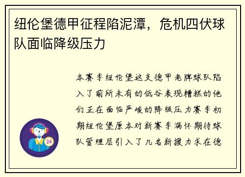 纽伦堡德甲征程陷泥潭，危机四伏球队面临降级压力